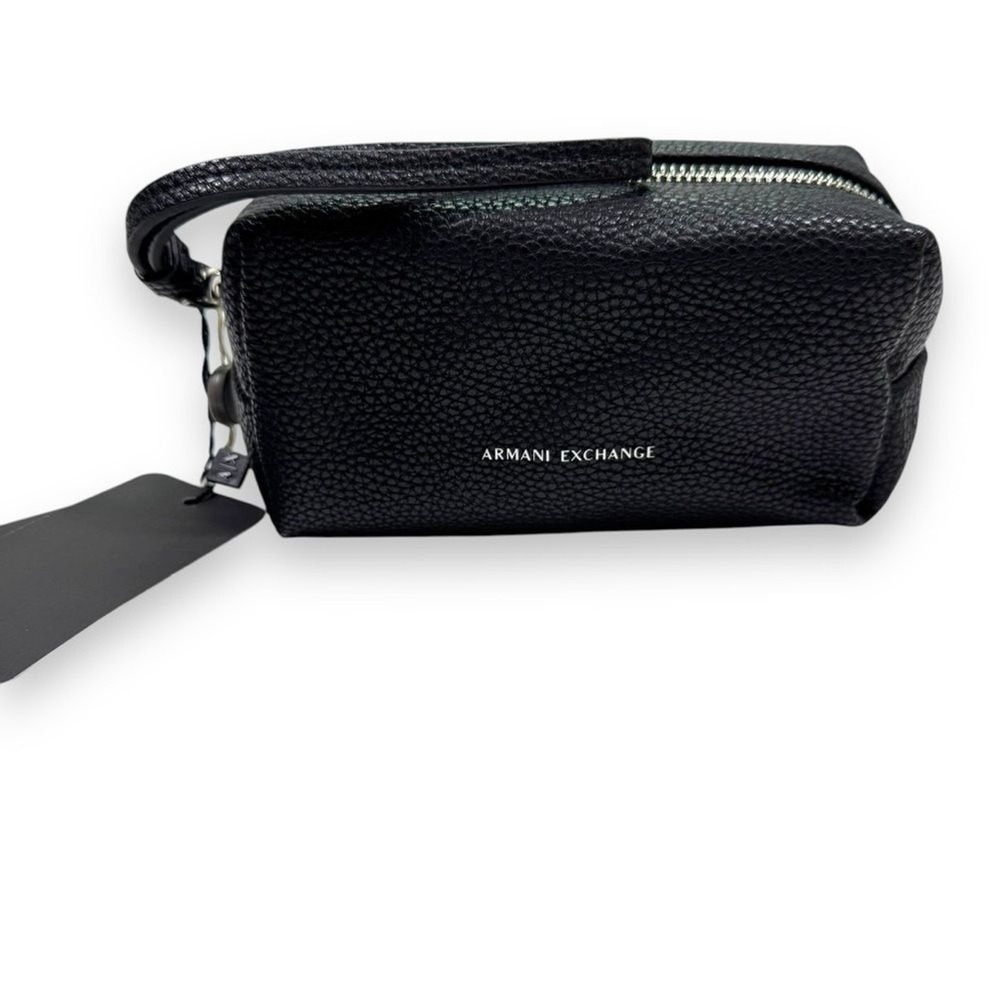 NWT Armani Exchange Toiletry Black Pebbled Leather Bag Wristlet Mens Unisex - Picture 2 of 13